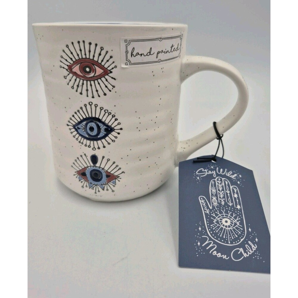 Stay Wild Moon Child Evil Eye Hand Painted Ceramic Mug White Blue Good Vibes NEW